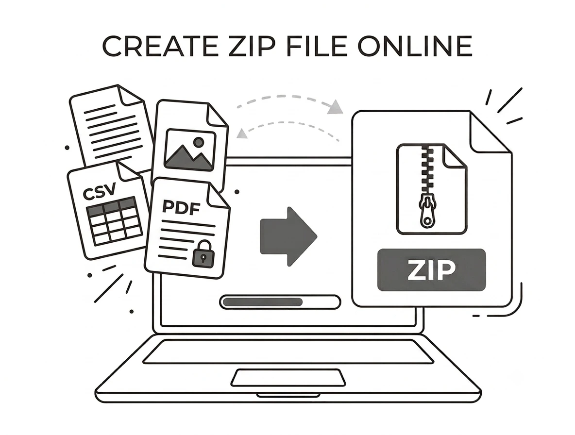 Online zip tool with several documents and photos queued, being bundled into a single ZIP archive in the browser