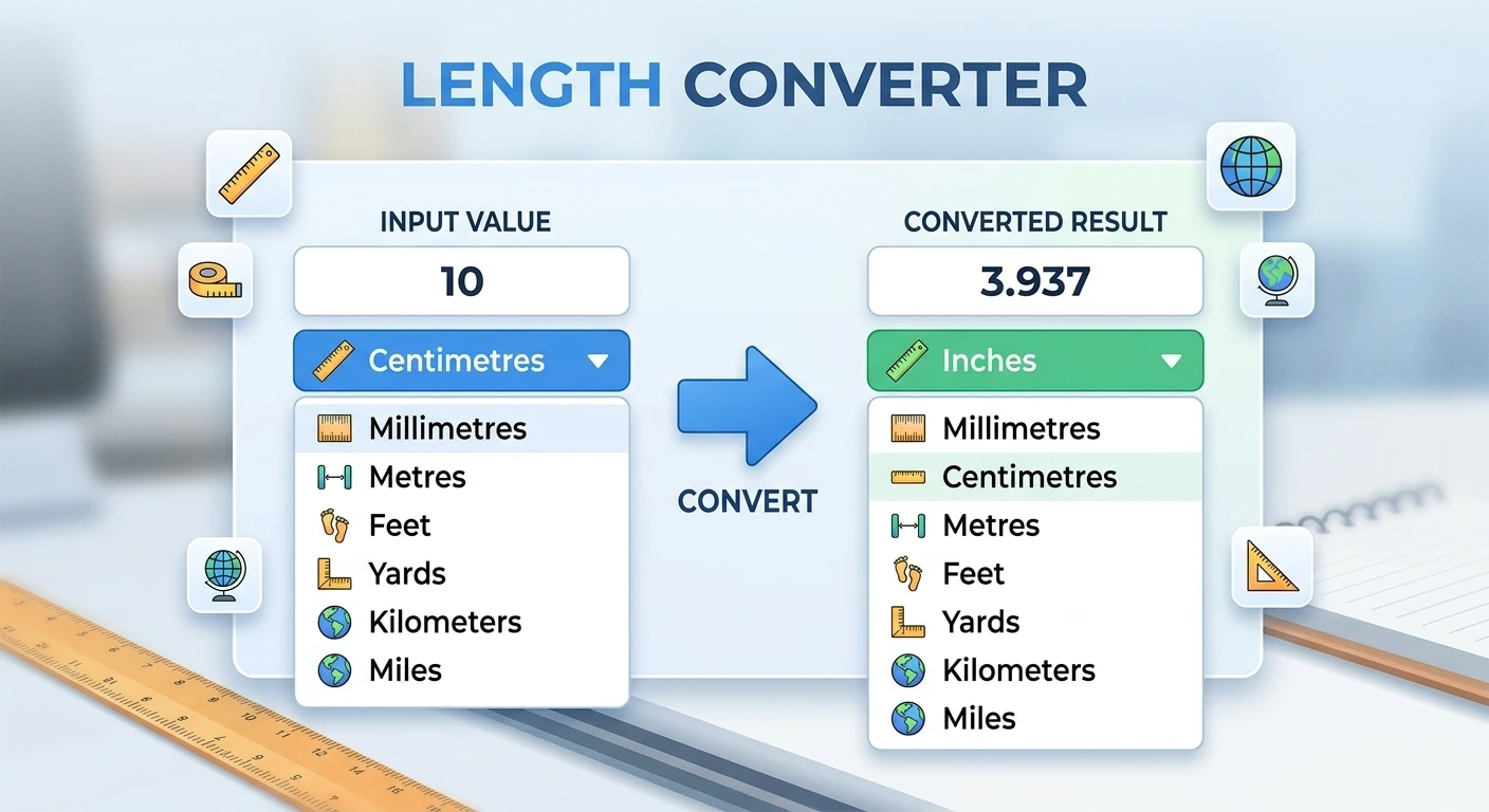 Length converter showing centimetres converted to inches, with dropdowns for millimetres, metres, feet, yards, kilometres and miles