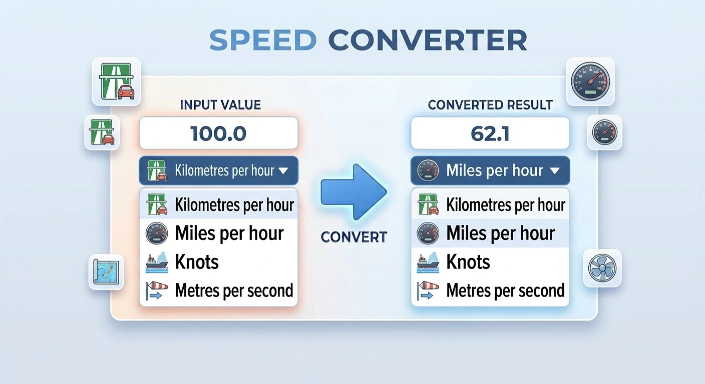 Speed converter showing kilometres per hour converted to miles per hour, with knots and metres per second in the dropdowns