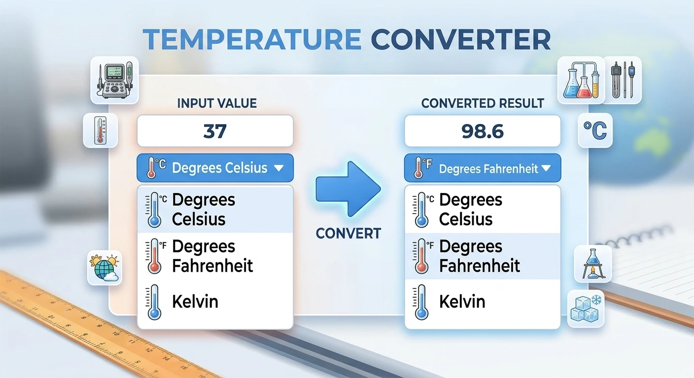 Temperature converter showing degrees celsius converted to fahrenheit, with kelvin available in the dropdowns