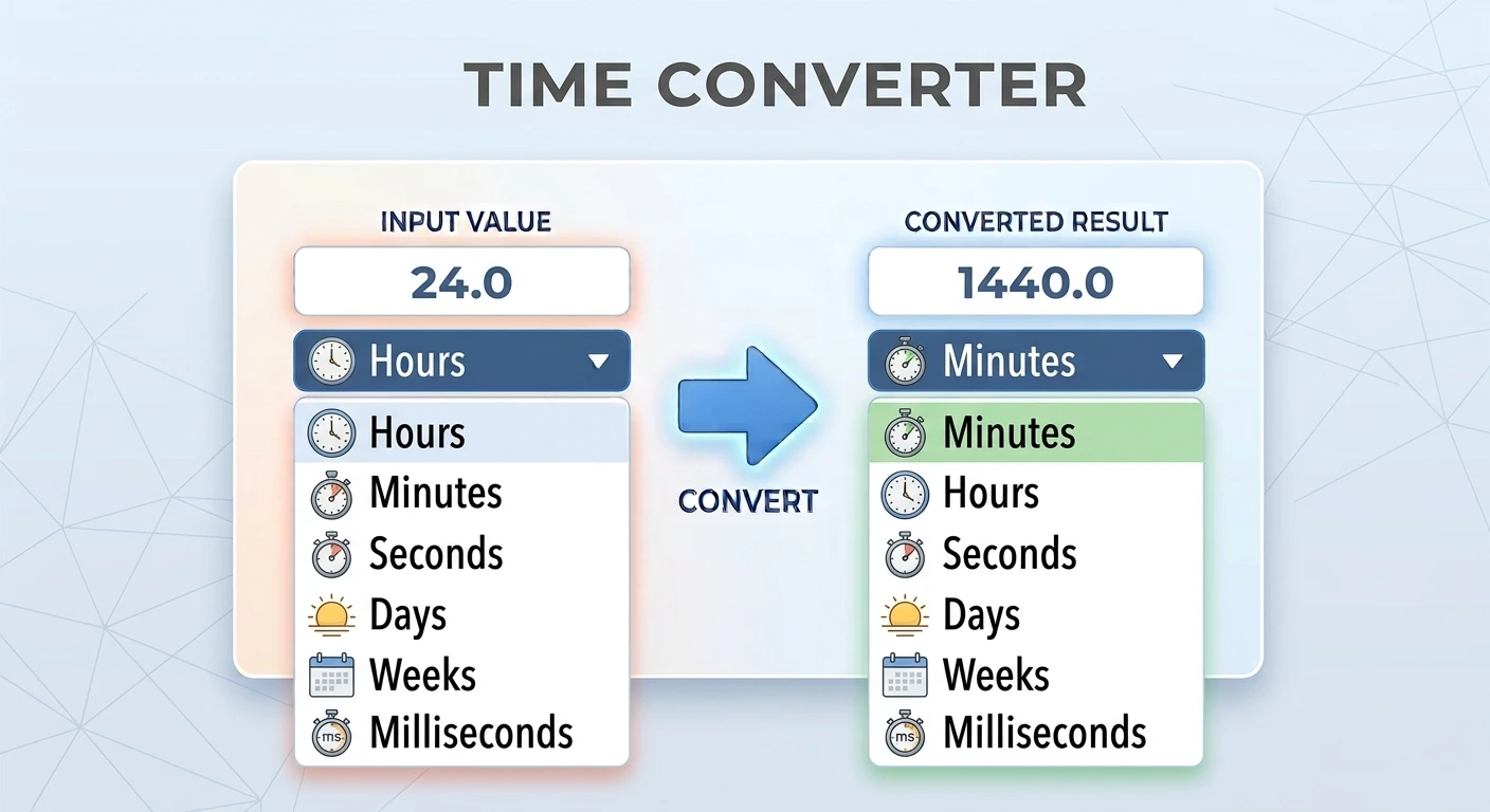 Time converter showing hours converted to minutes, with seconds, days, weeks and milliseconds in the dropdowns