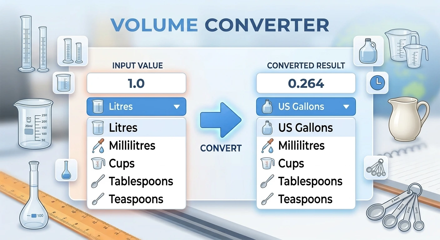Volume converter showing litres converted to US gallons, with millilitres, cups, tablespoons and teaspoons in the dropdowns