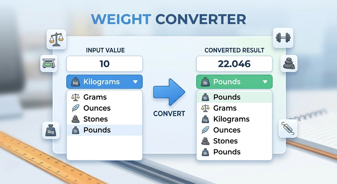 Weight converter showing kilograms converted to pounds, with dropdowns for grams, ounces and stones
